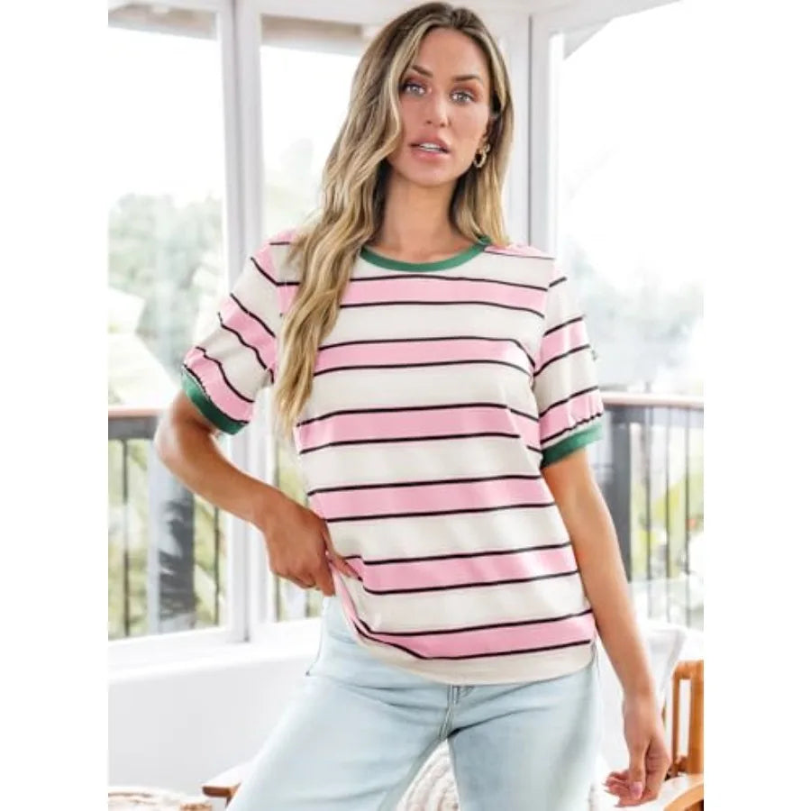 Women's Summer Striped Color Block Short Sleeve Fashion Tees