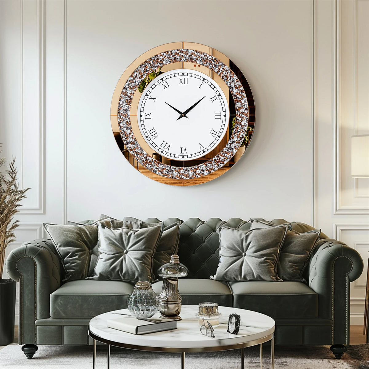 Round Crystal Sparkle Diamond Mirrored Wall Clock With Alarm