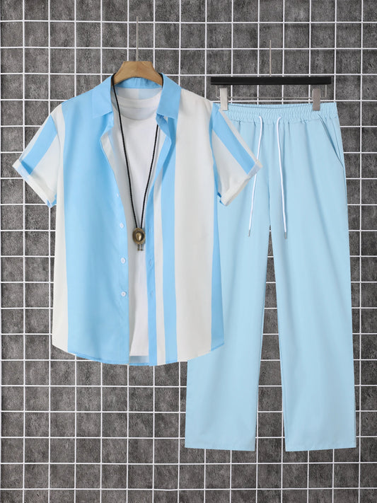 Men Printed Two Piece Short Sleeve Shirt And Pants Set