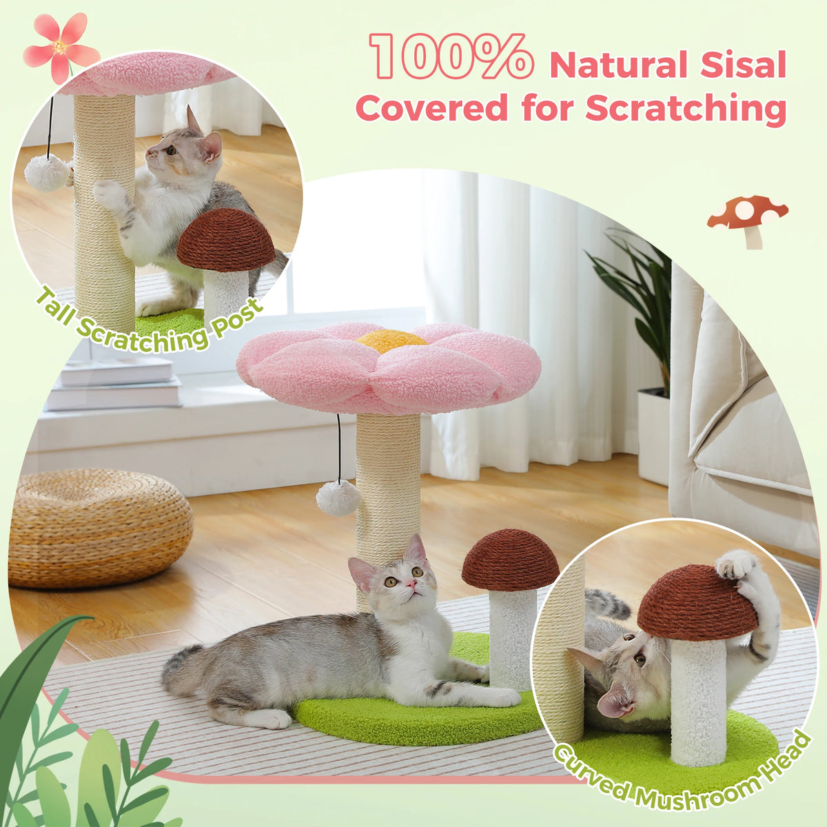 Pawz Road Double Tier Mushroom Cat Scratcher With Removable Flower Cat Bed And Interactive Toy Ball