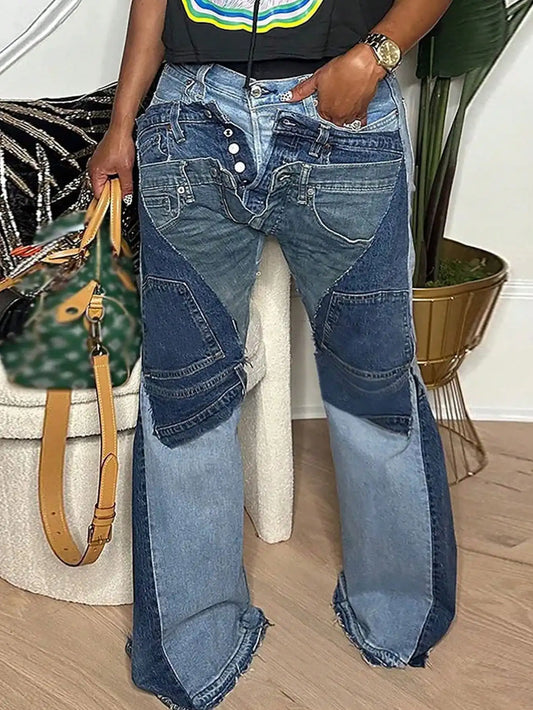GLOURI Women Deconstructed High Waist Flare Denim Jeans