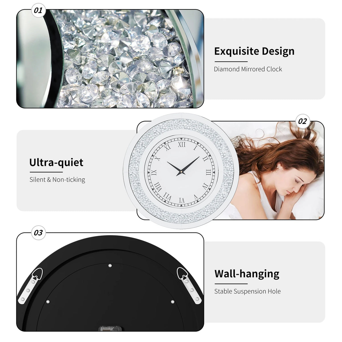 Round Crystal Sparkle Diamond Mirrored Wall Clock With Alarm