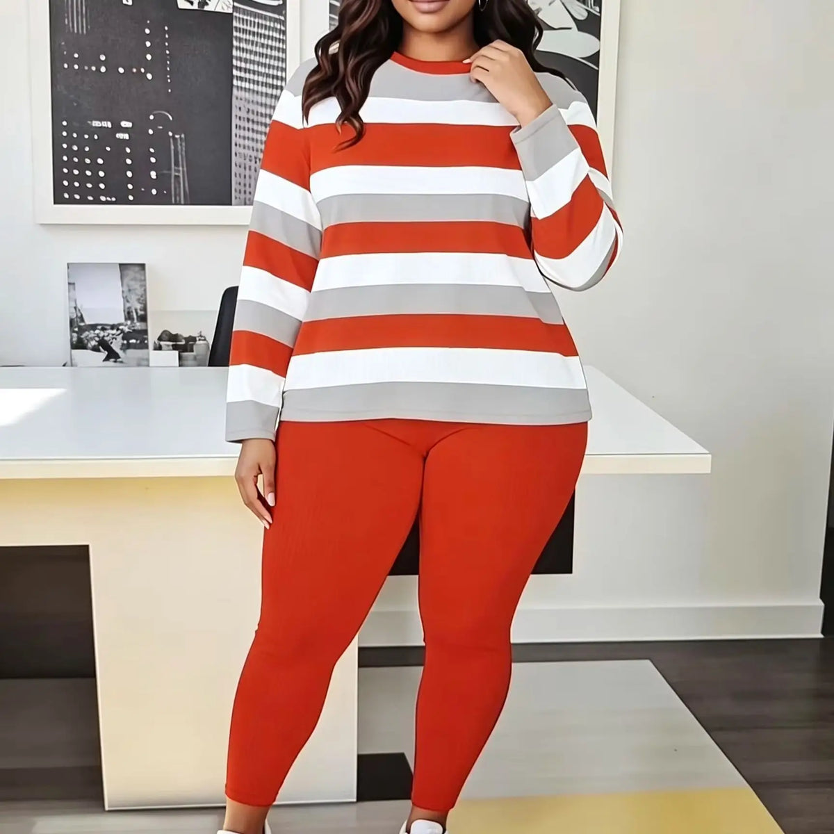 Plus Size Women's Color-Block Striped Lounge Set Long Sleeve