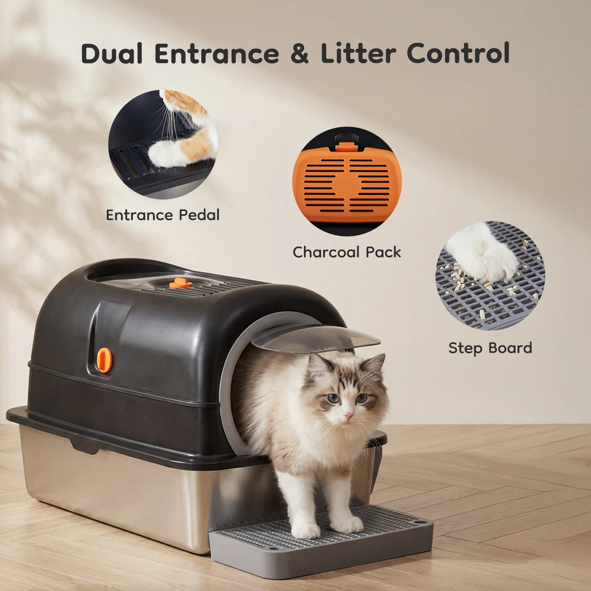 Stainless Steel Fully Enclosed Large Cat Litter Box With Mat
