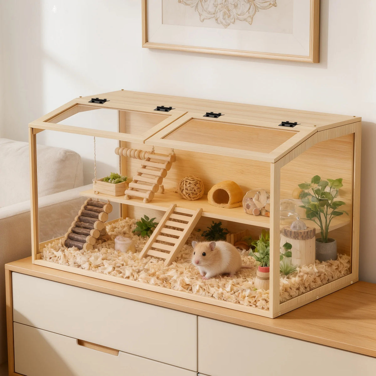 Wooden Small Pet Cage Featuring Tempered Glass And Integrated Led Lamp