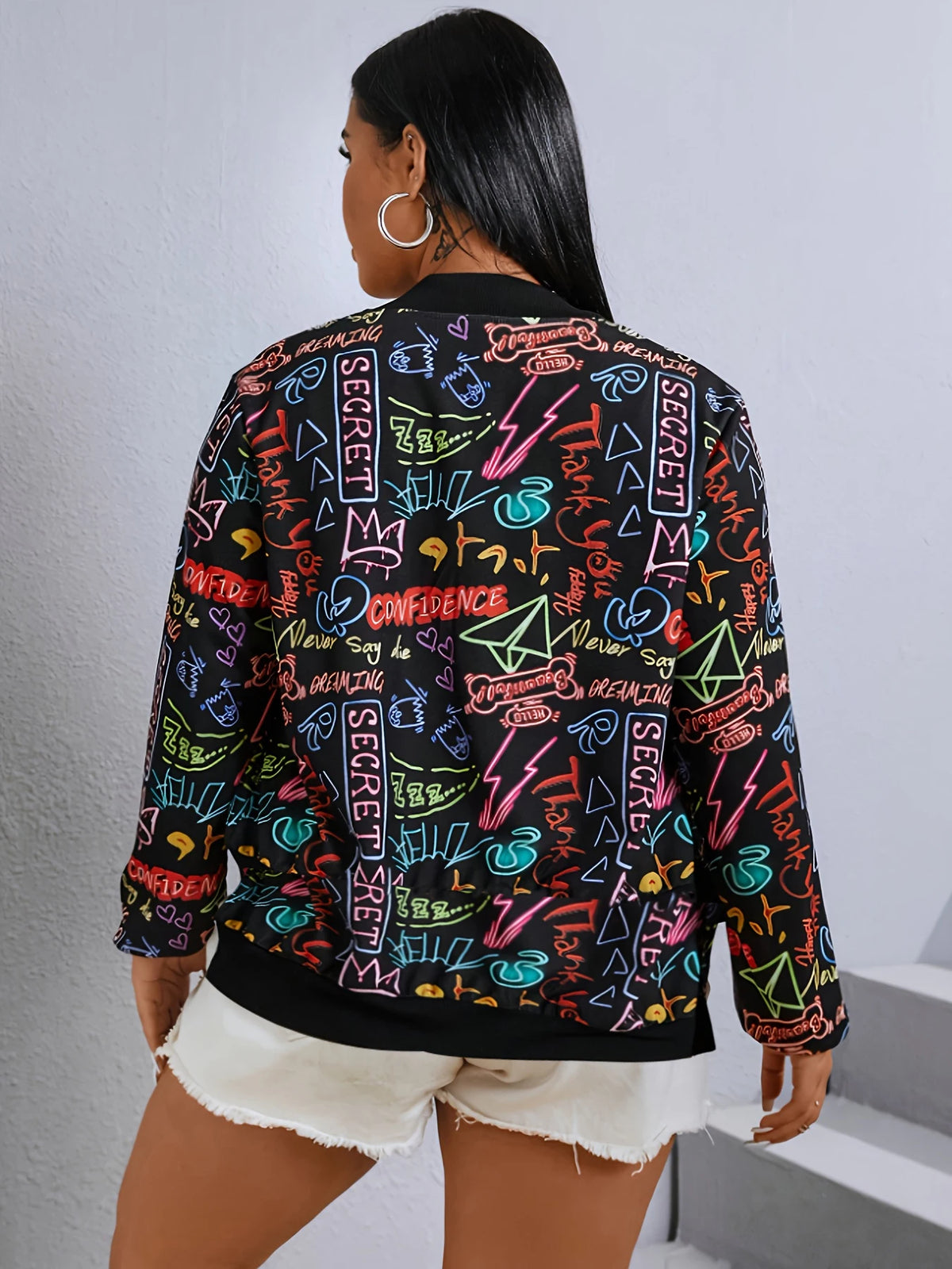 Women's Graffiti Print Baseball Jacket With Zipper Closure