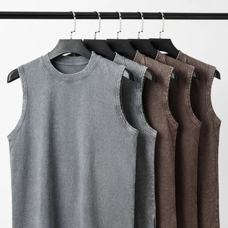 Pure Cotton Sleeveless Vest For Men Retro Washed Distressed Style