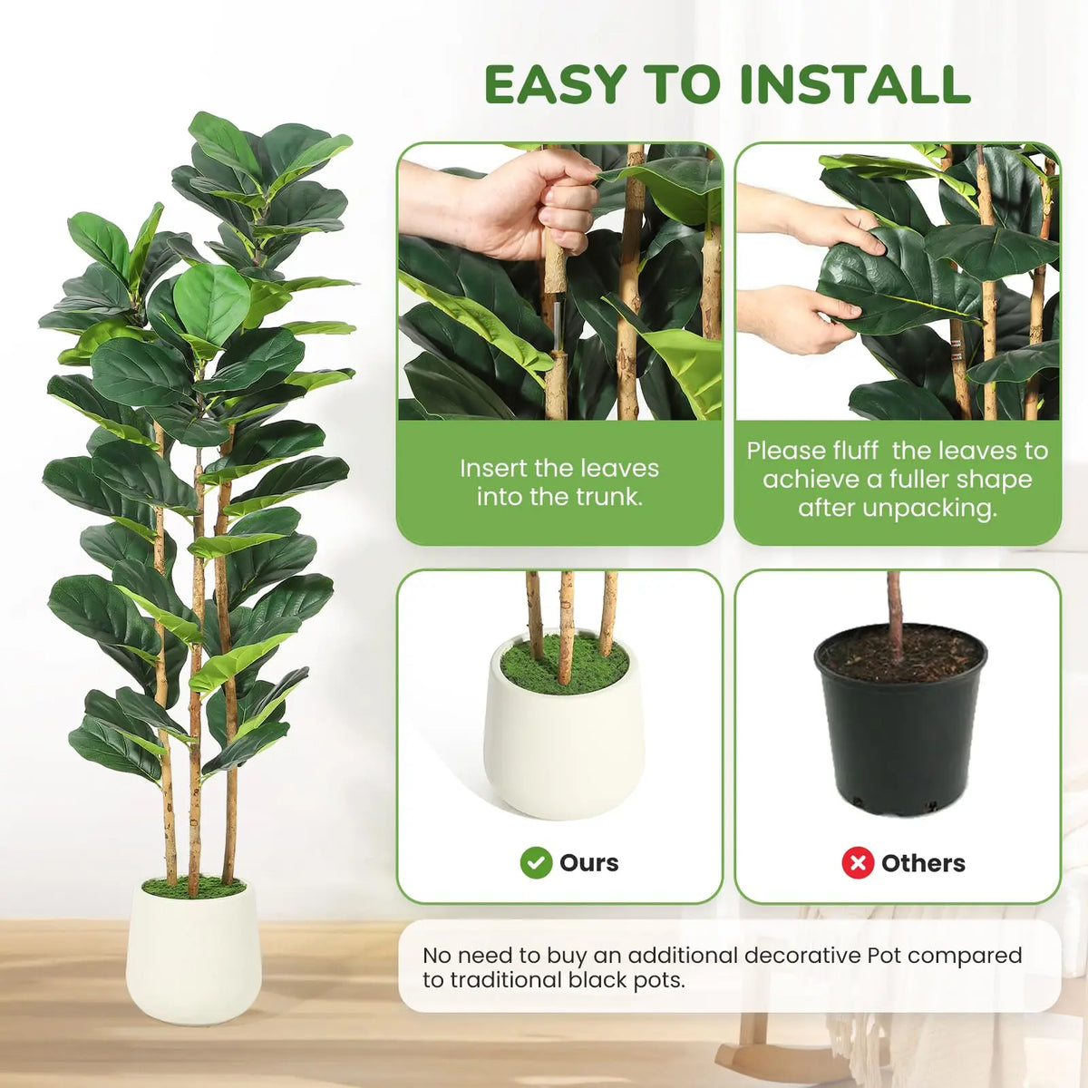 Artificial Fiddle Leaf Fig Tree White Planter Natural Wood Trunk Potted Moss