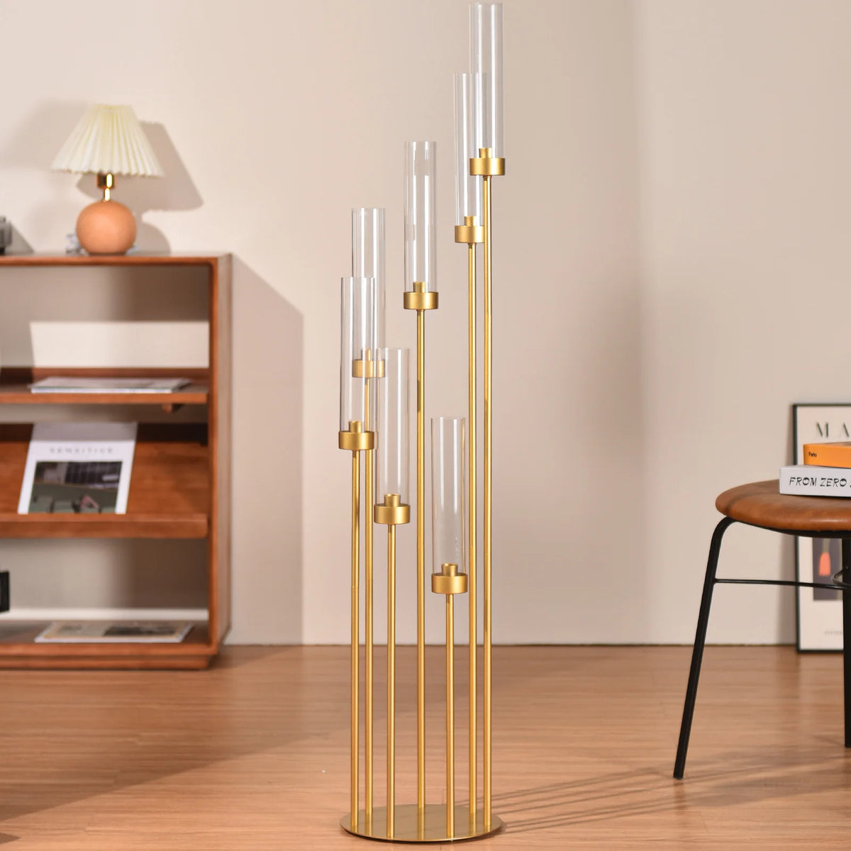 Vincigant Gold 7 Arm Metal Floor Candelabra With Acrylic Lampshade