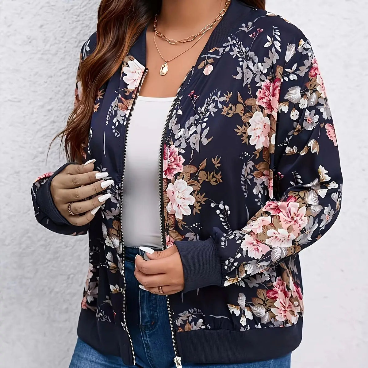 Womens Floral Print Baseball Jacket Zipper Casual Polyester Coat