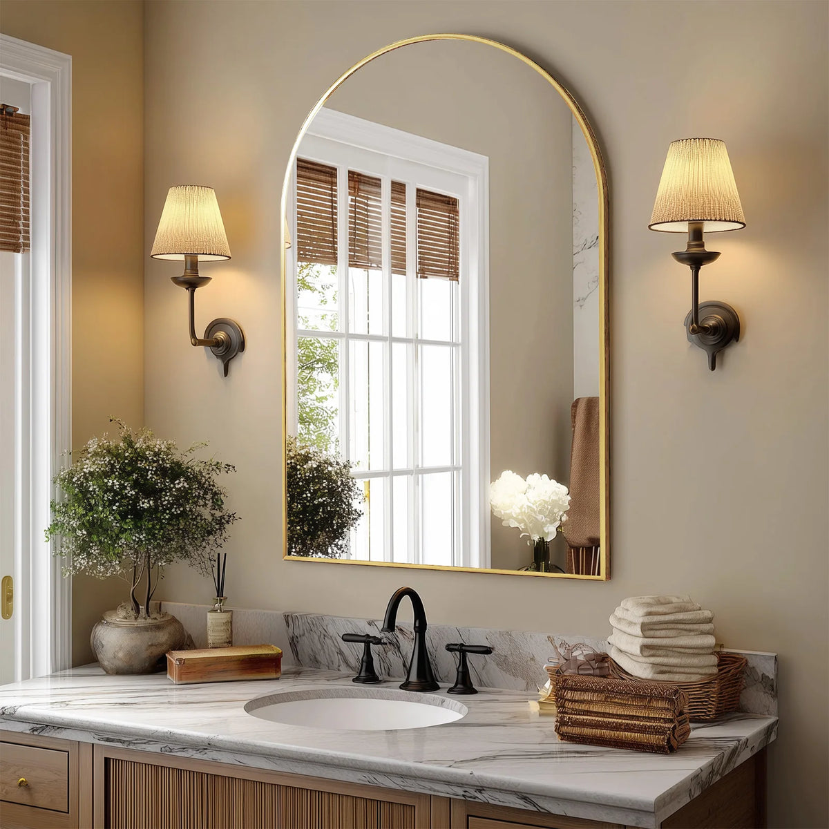 JHK Arched Metal Bathroom Mirror Modern Glass Wall Decor
