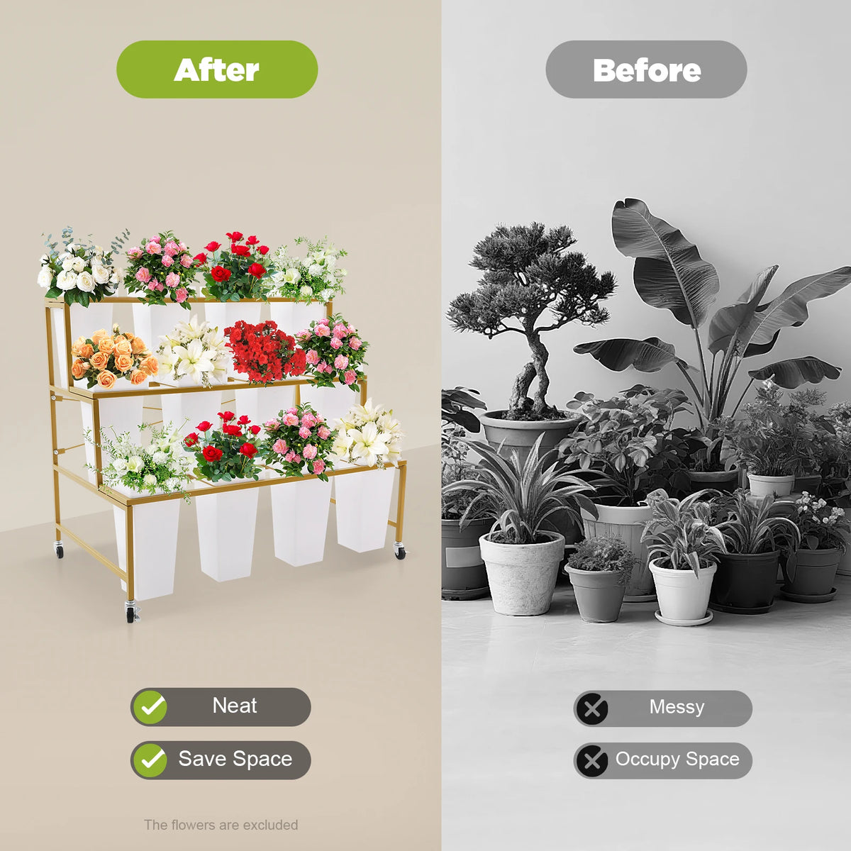 3 Tier Metal Flower Display Cart With 12 Buckets and Wheels