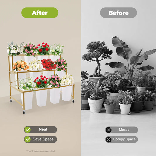 3 Tier Metal Flower Display Cart With 12 Buckets and Wheels