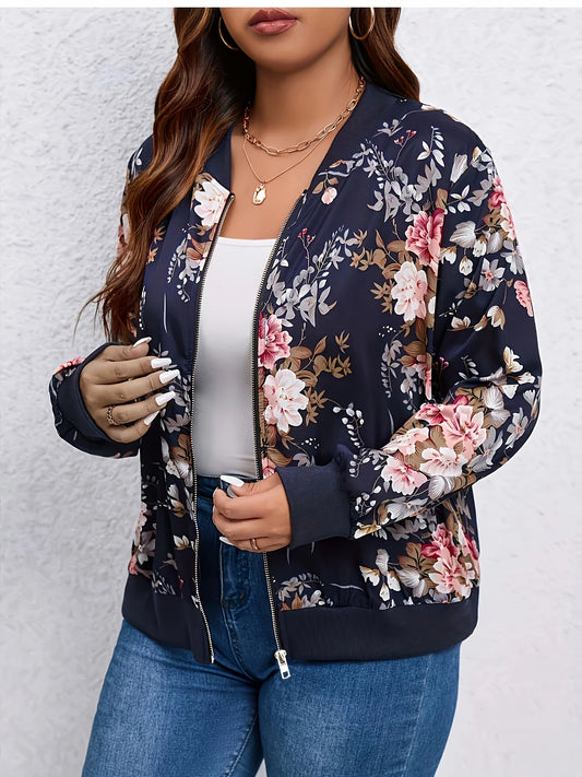 Womens Floral Print Baseball Jacket Zipper Casual Polyester Coat