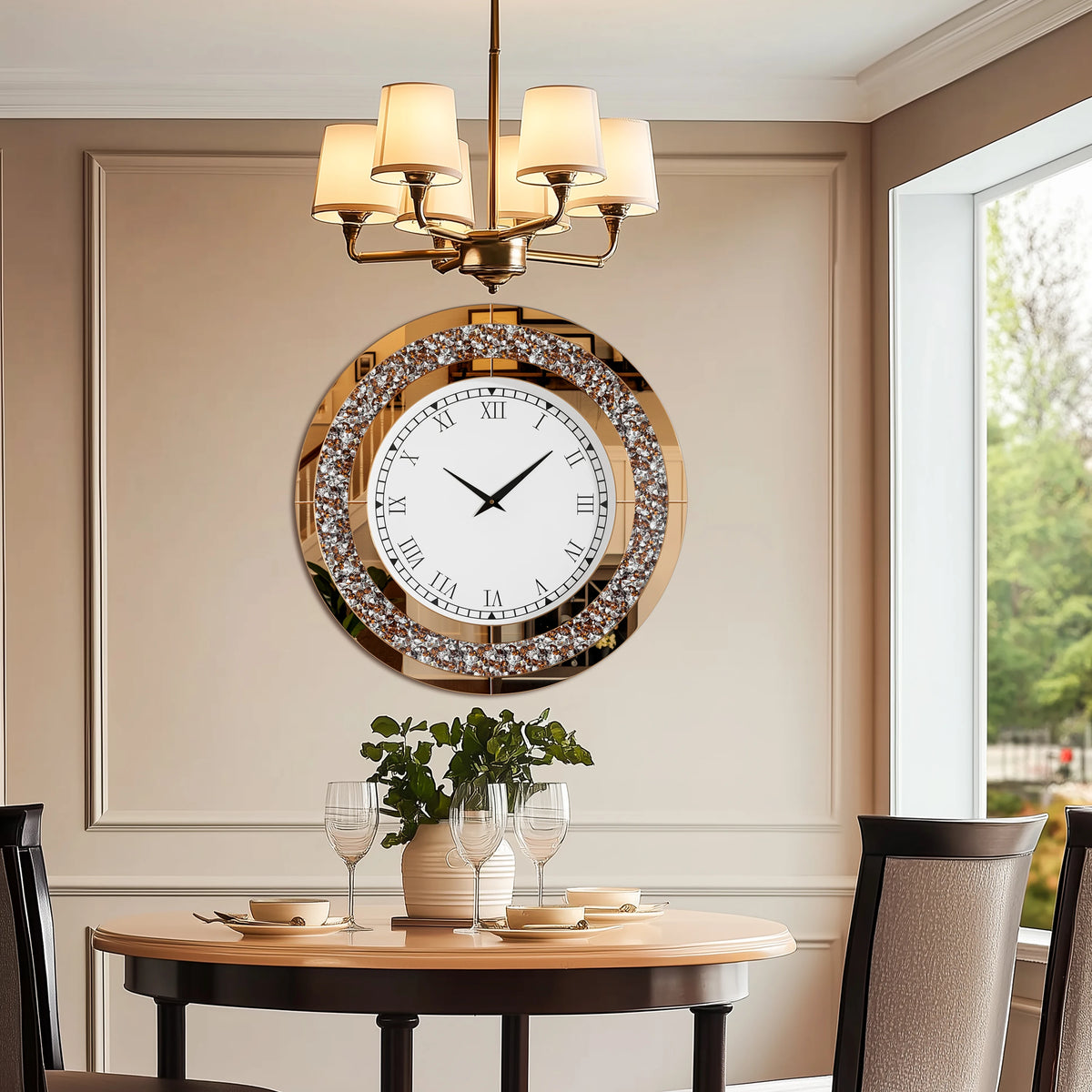 Round Crystal Sparkle Diamond Mirrored Wall Clock With Alarm