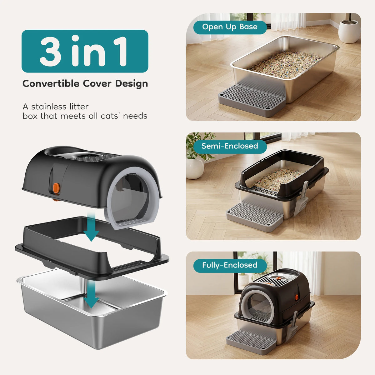 Stainless Steel Fully Enclosed Large Cat Litter Box With Mat