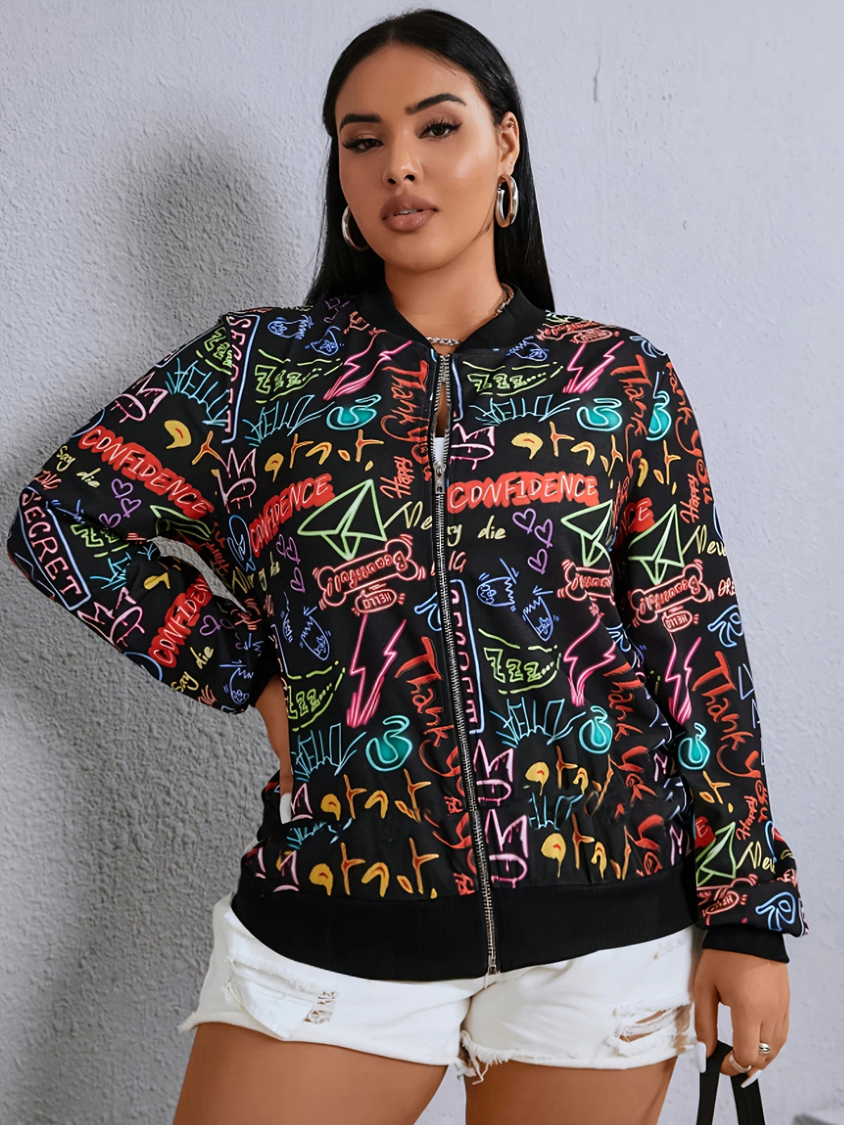 Women's Graffiti Print Baseball Jacket With Zipper Closure