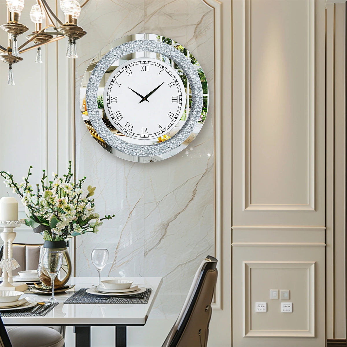 Round Crystal Sparkle Diamond Mirrored Wall Clock With Alarm