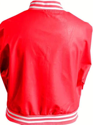 Womens Cropped PU Leather Baseball Jacket Featuring Letter Embroidery