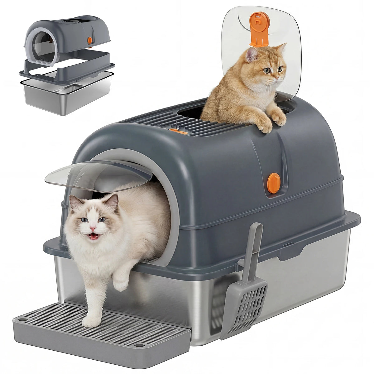 Stainless Steel Fully Enclosed Large Cat Litter Box With Mat
