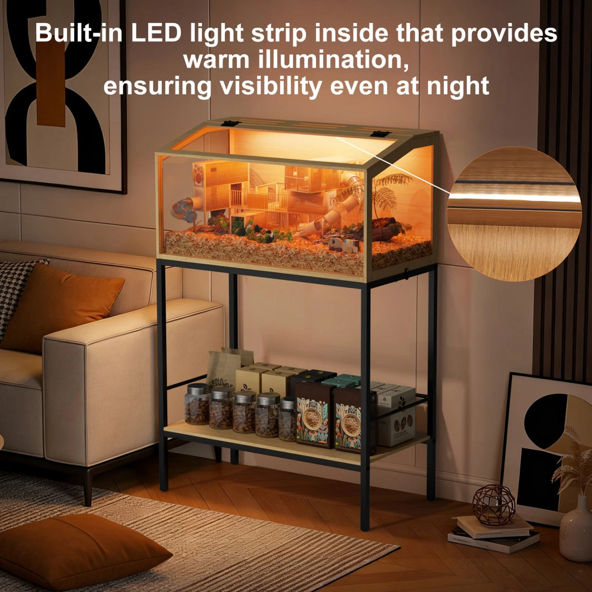 Wooden Small Pet Cage Featuring Tempered Glass And Integrated Led Lamp