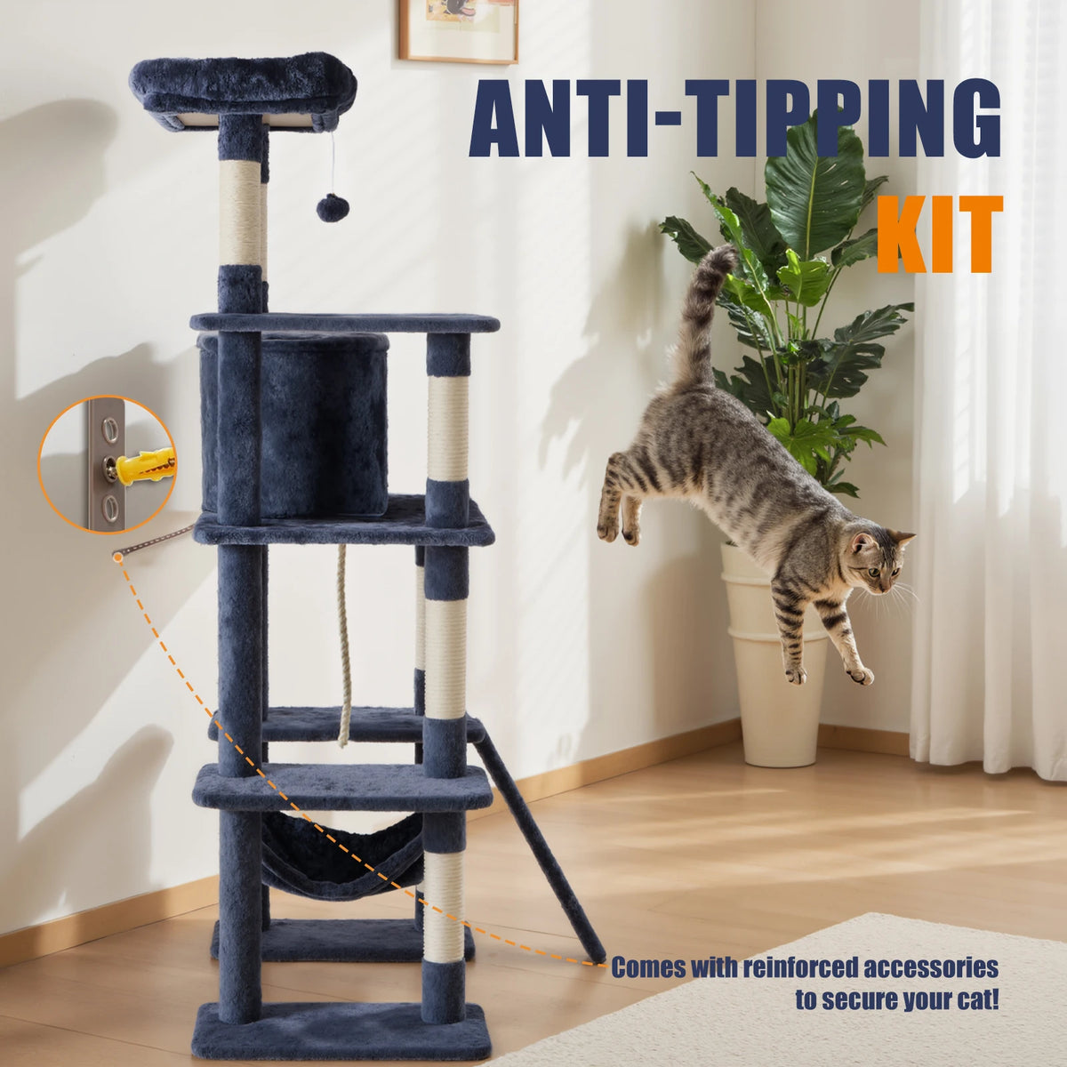 JHK Tall 63 Inch Multi-Level Cat Tree With Scratching Posts And House