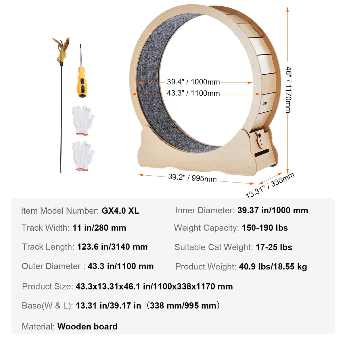 LARGE Wooden Cat Exercise Wheel Treadmill With Detachable Carpet