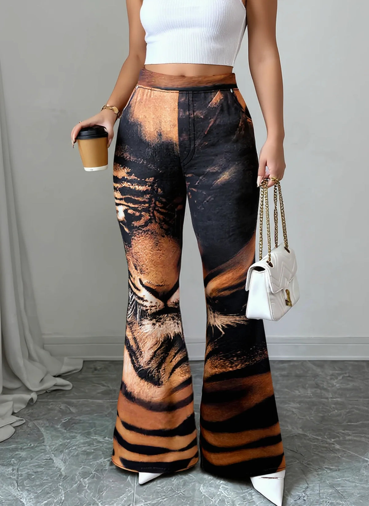 Women High Waist Tiger Print Flare Pants Vintage Stretch Bell Bottom Trousers
