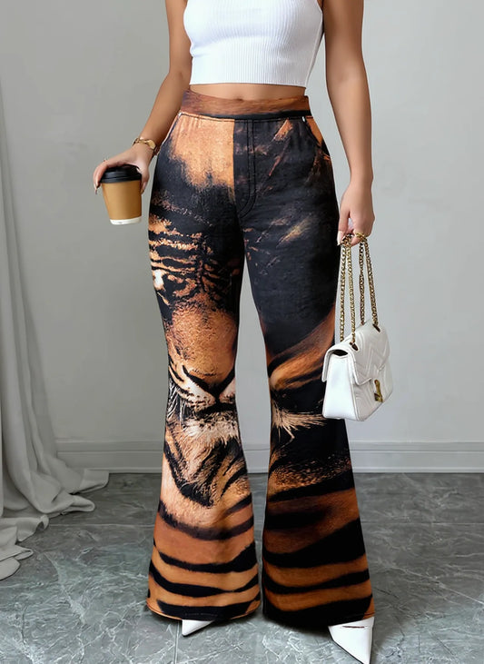 Women High Waist Tiger Print Flare Pants Vintage Stretch Bell Bottom Trousers