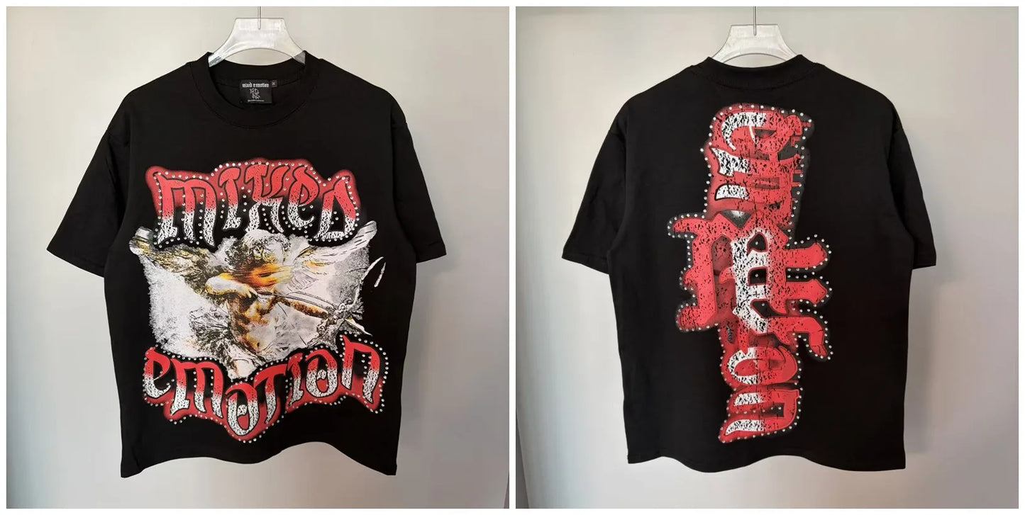 Mixed Emotion Rhinestone Cartoon Print Cotton T Shirt Men Women