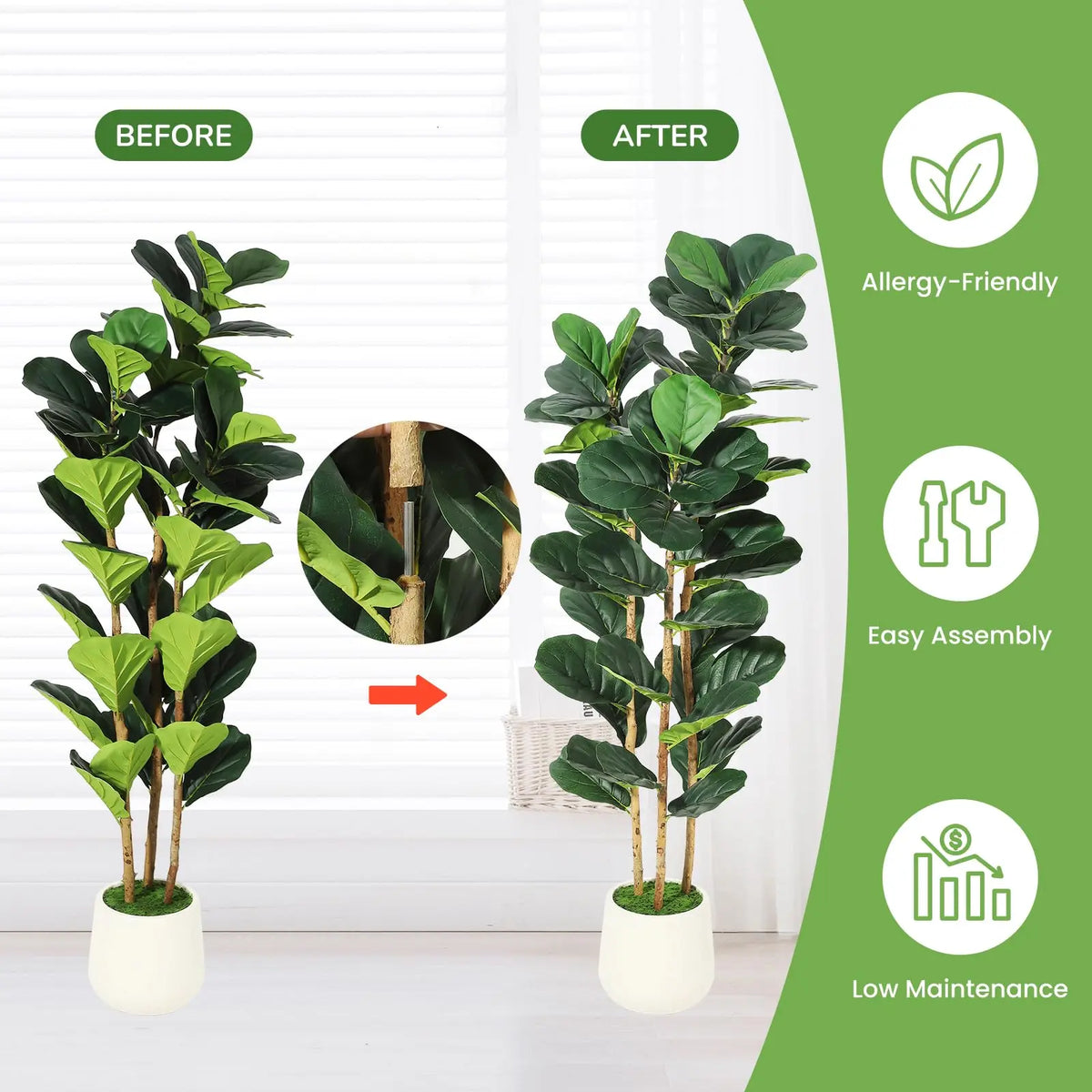 Artificial Fiddle Leaf Fig Tree White Planter Natural Wood Trunk Potted Moss