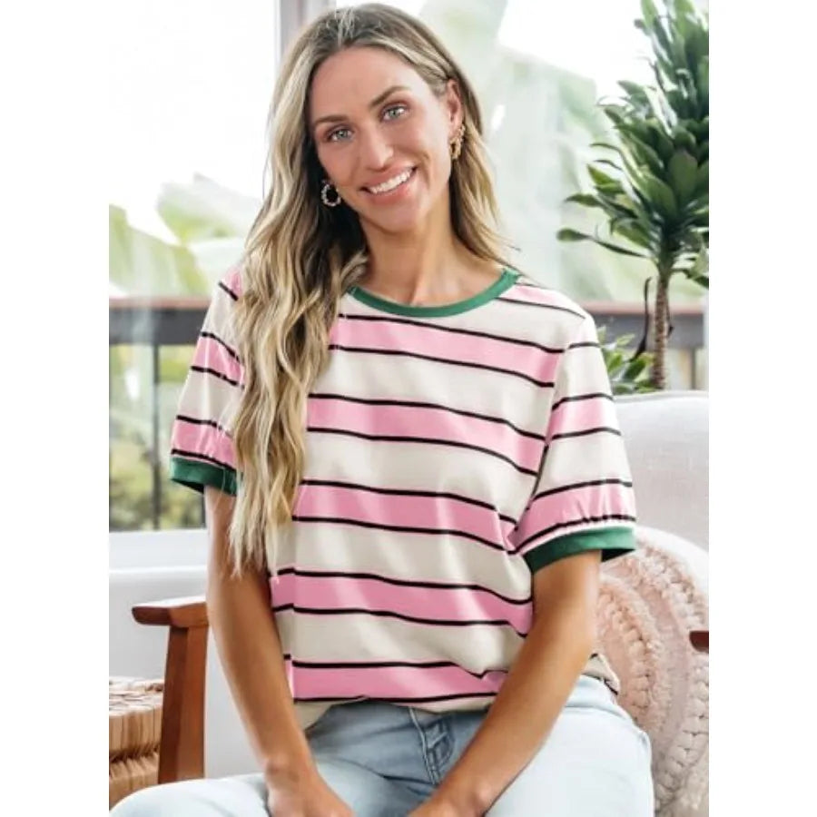 Women's Summer Striped Color Block Short Sleeve Fashion Tees