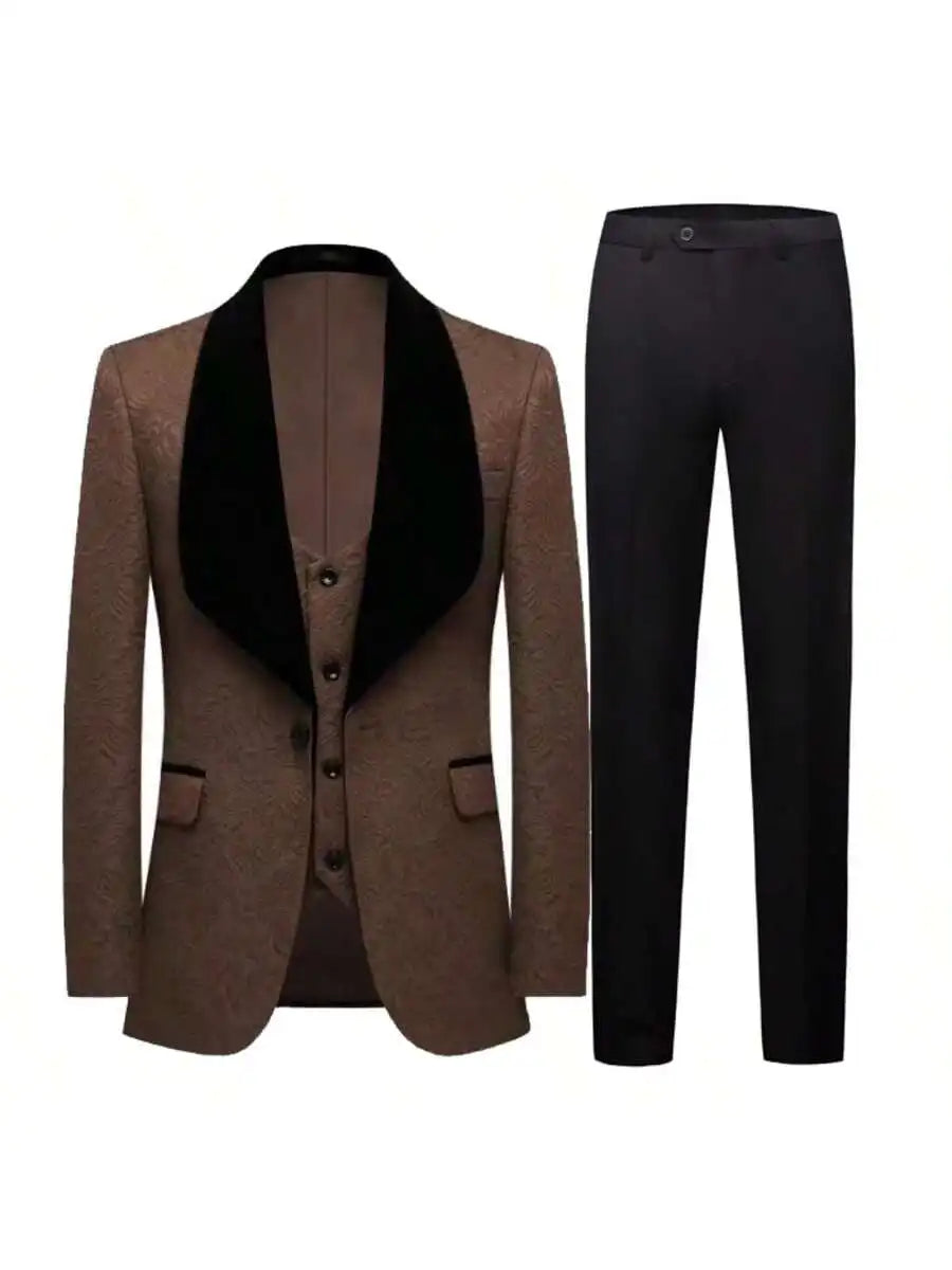 Mens Three Piece Floral Tuxedo Slim Suit Set With Vest And Pants