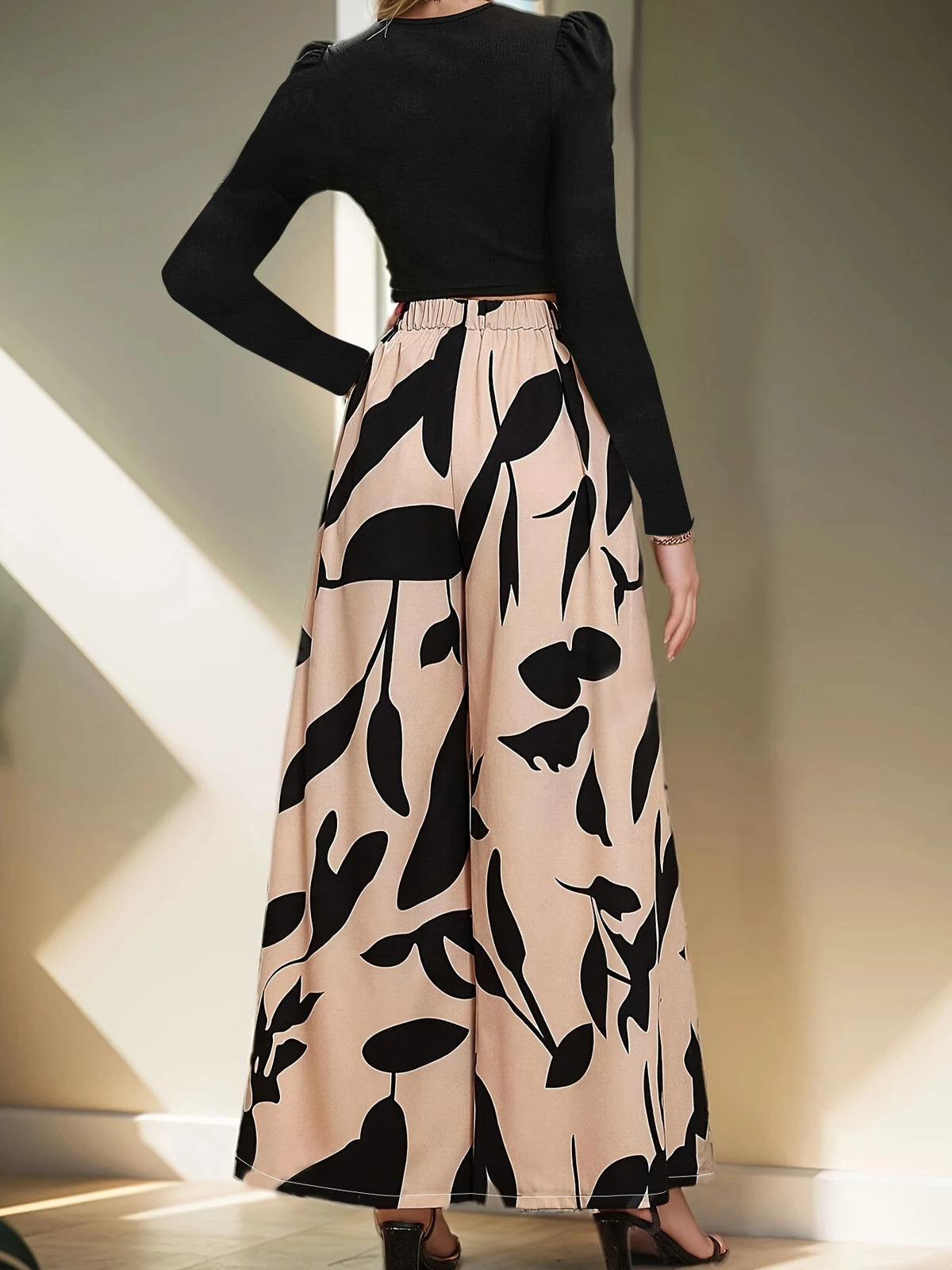 Women's High Waist Floral Wide Leg Pants Casual Office Wear