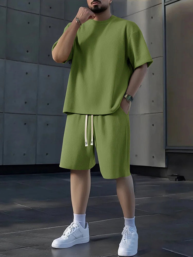 Men's Textured Breathable Shorts And T Shirt Set