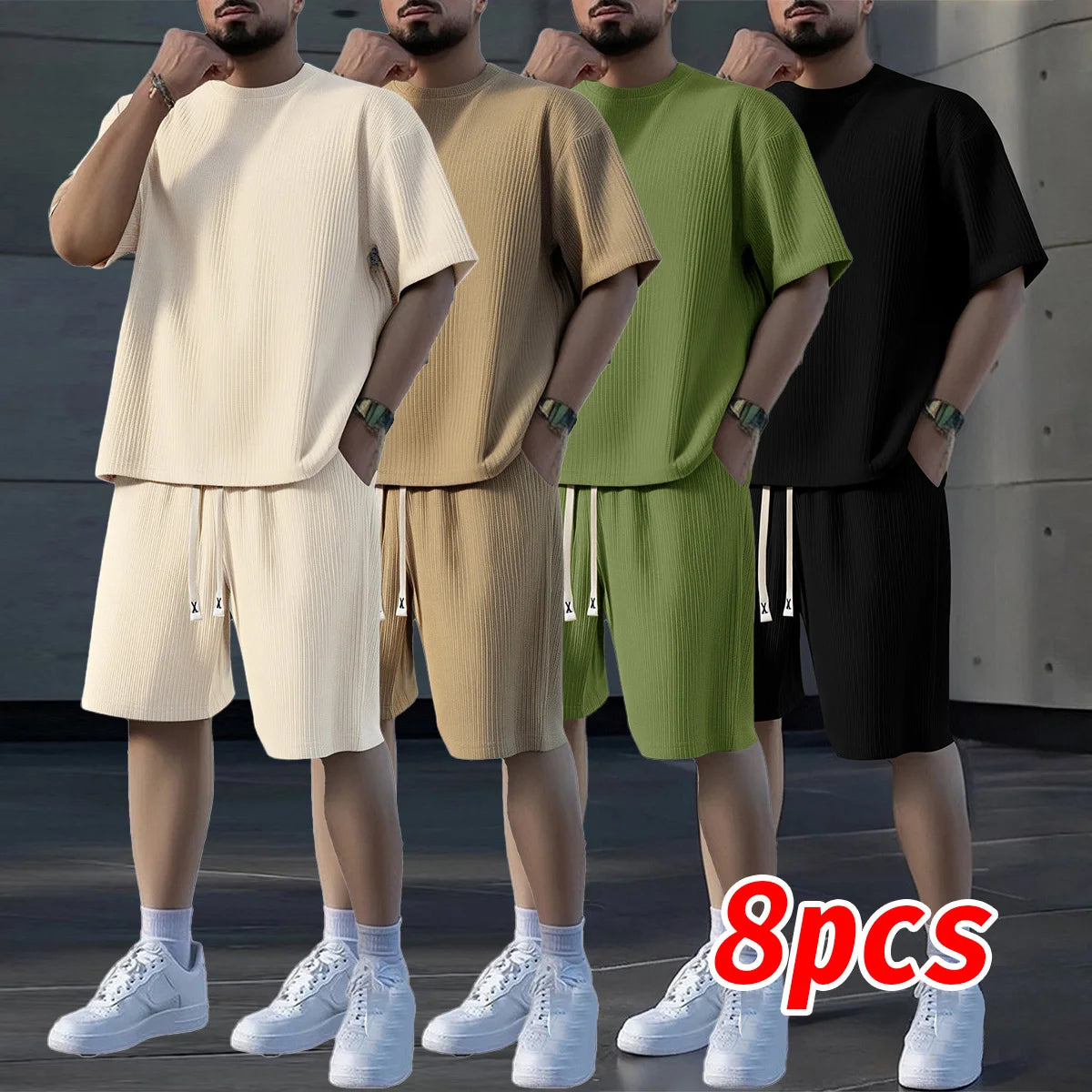 Men's Textured Breathable Shorts And T Shirt Set