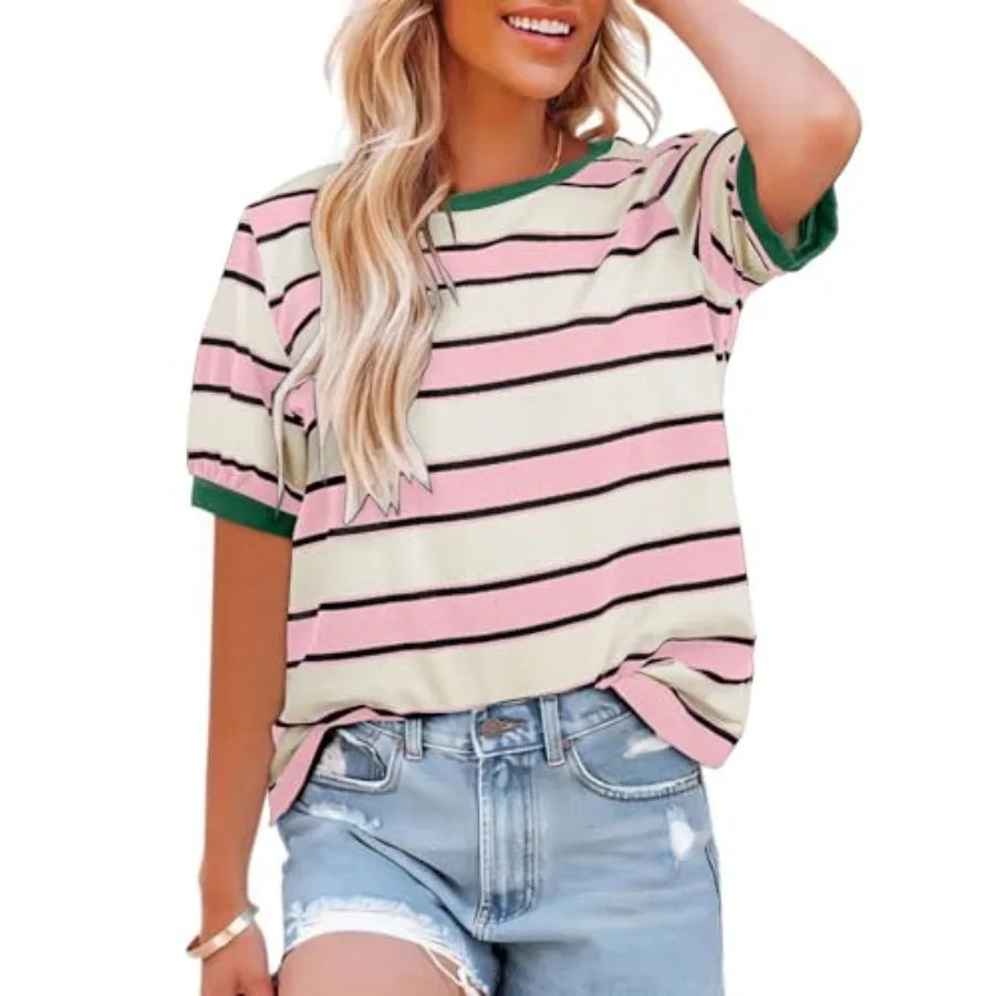 Women's Summer Striped Color Block Short Sleeve Fashion Tees