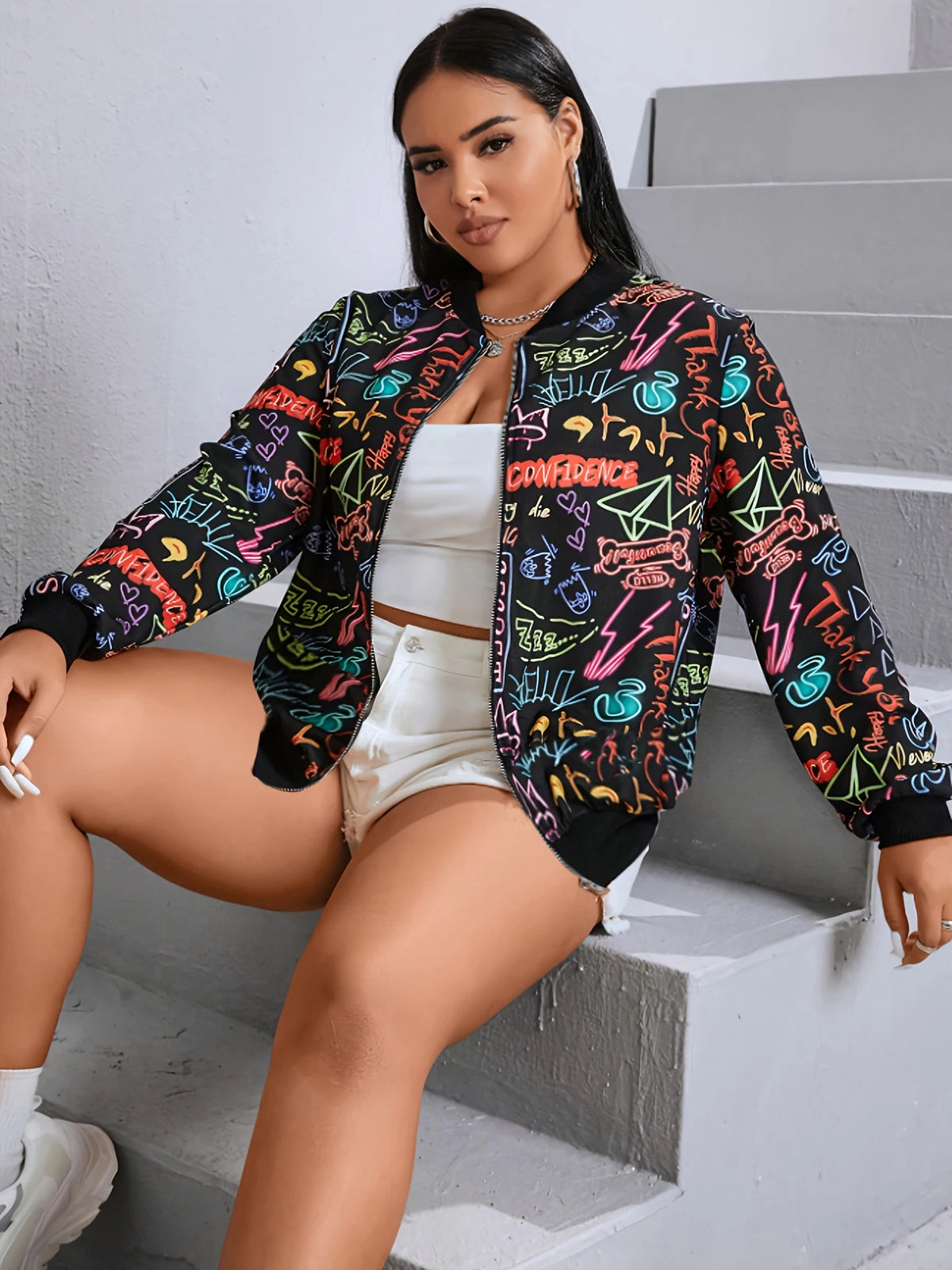 Women's Graffiti Print Baseball Jacket With Zipper Closure