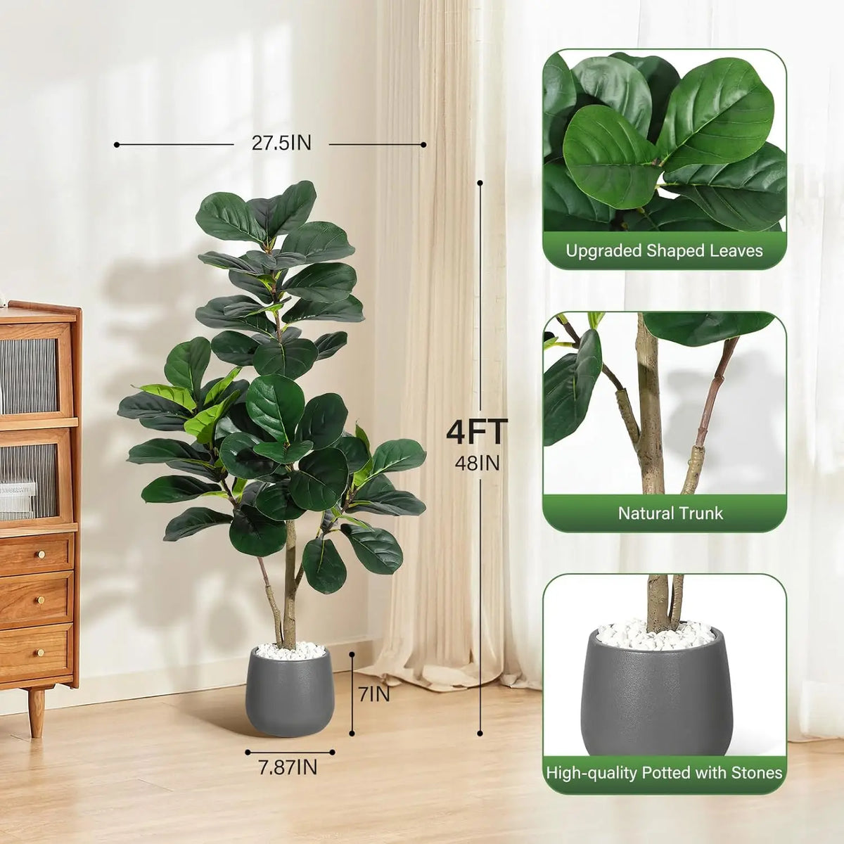 Himiss Realistic Artificial Fiddle Leaf Fig Tree In Planter Pot For Home Decor