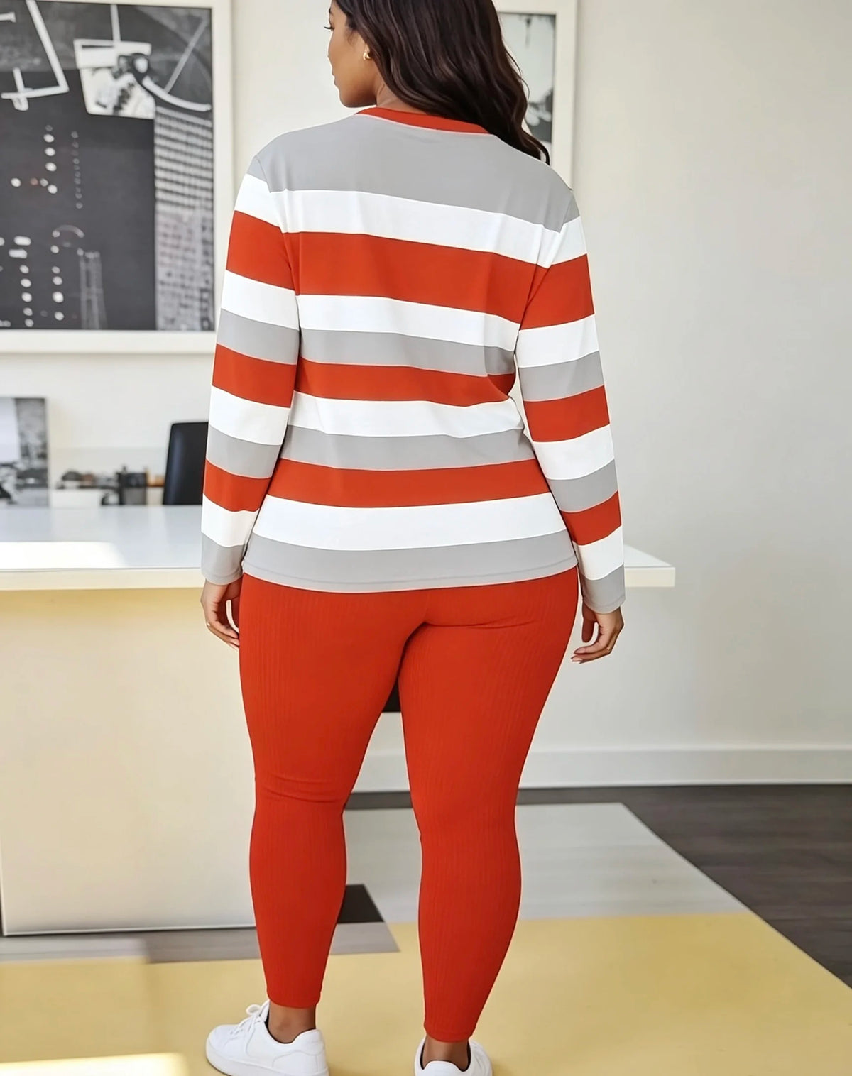 Plus Size Women's Color-Block Striped Lounge Set Long Sleeve