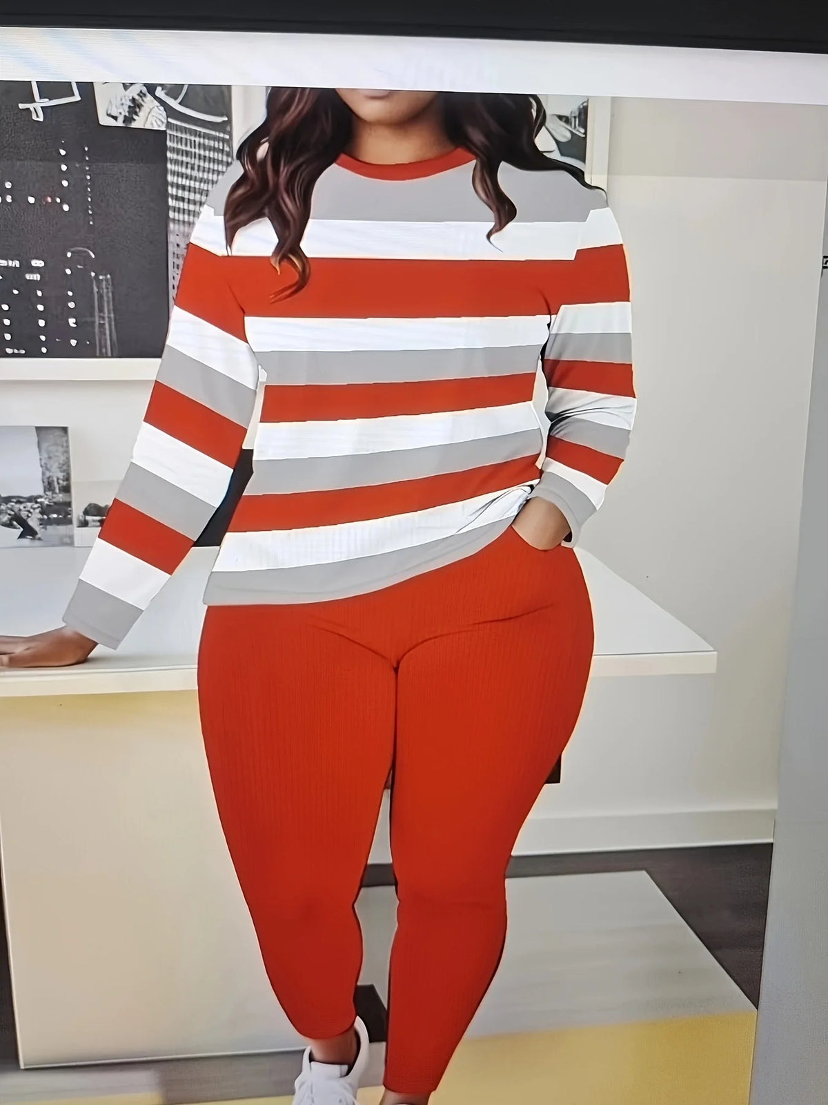 Plus Size Women's Color-Block Striped Lounge Set Long Sleeve