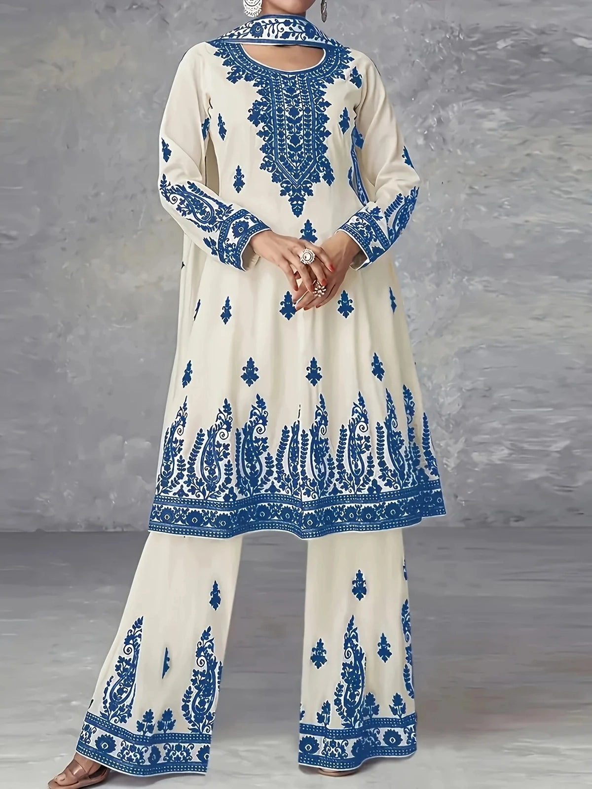 Women Plus Size Ethnic Style Three Piece Printed Outfit Set
