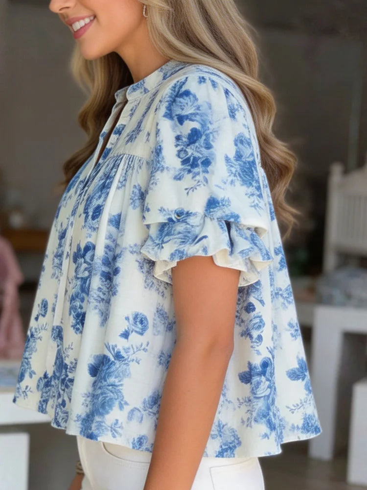 Retro Blue Rose Floral Loose Women's Half Button V Neck Top