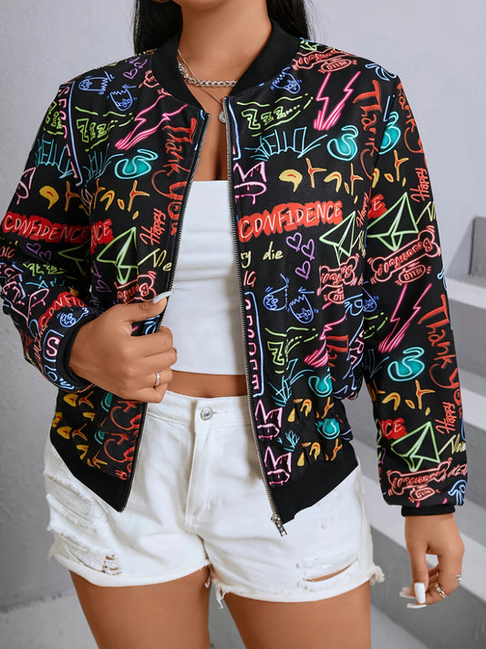 Women's Graffiti Print Baseball Jacket With Zipper Closure