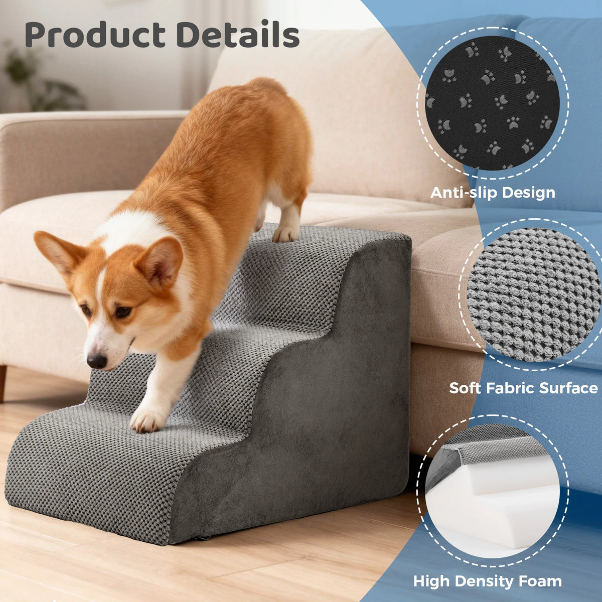 JHK High Density Foam Curved Dog Stairs Ramp For Small Dogs