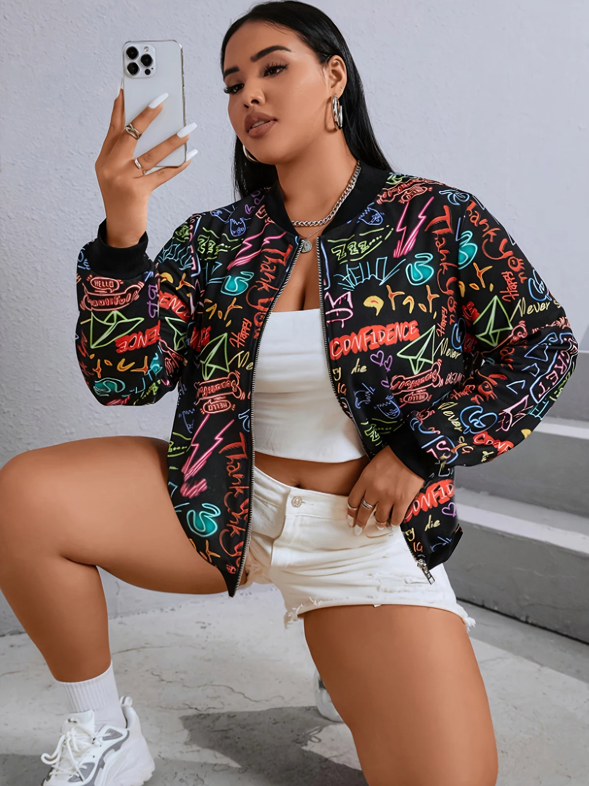 Women's Graffiti Print Baseball Jacket With Zipper Closure