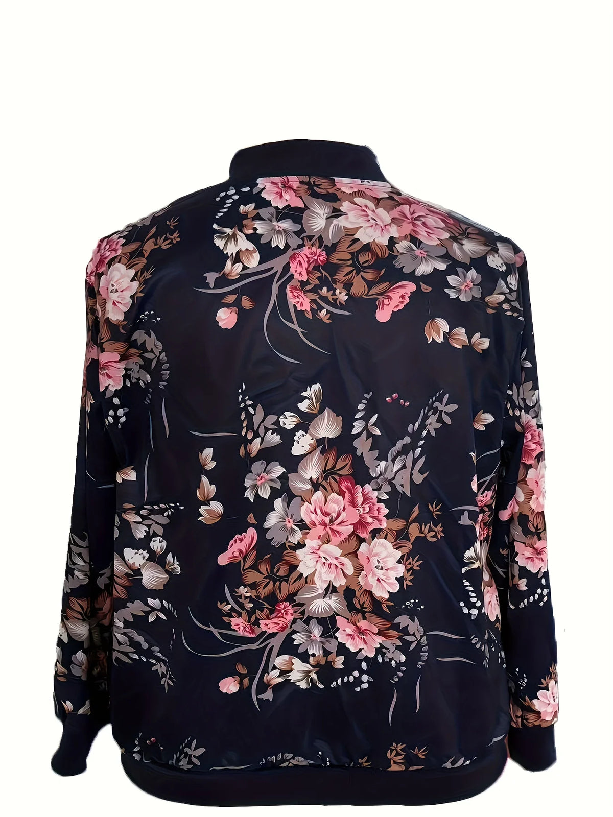 Womens Floral Print Baseball Jacket Zipper Casual Polyester Coat