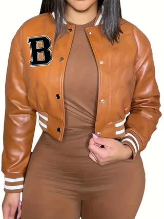 Womens Cropped PU Leather Baseball Jacket Featuring Letter Embroidery