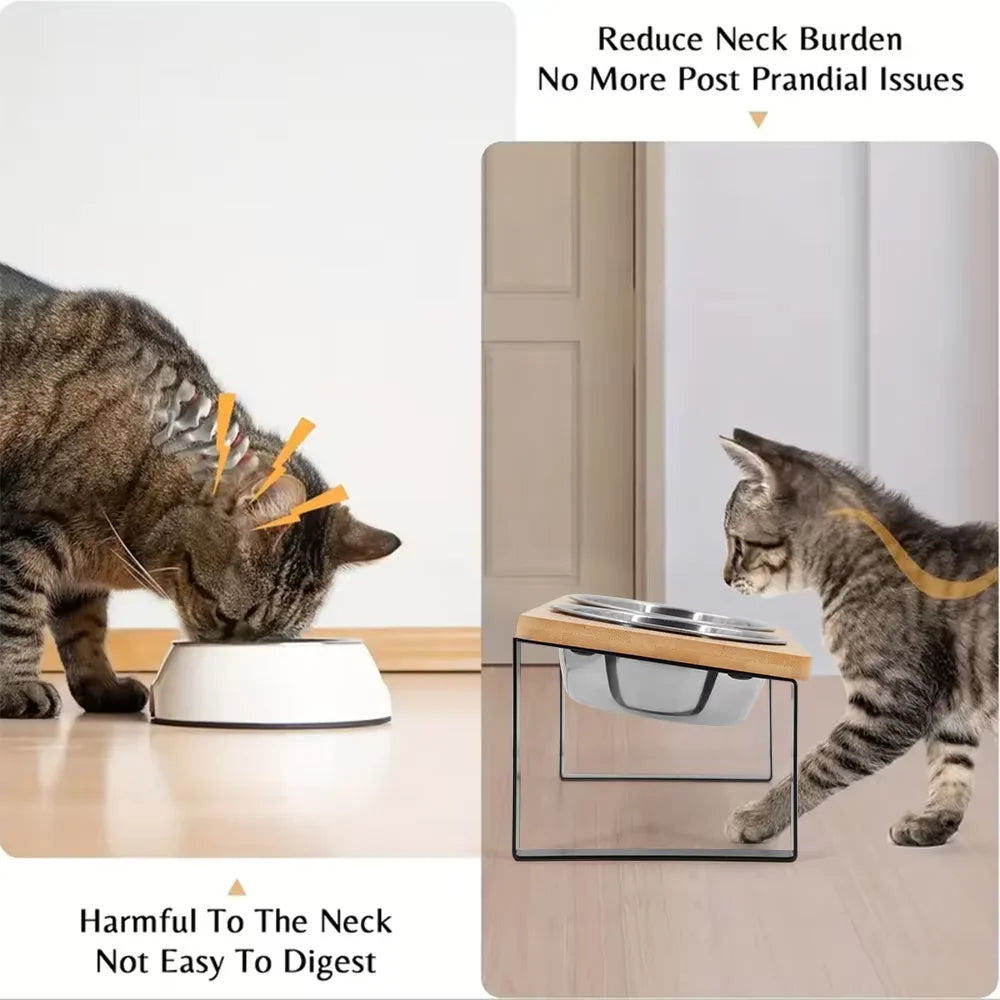 Elevated Cat Bowls Wooden Stand Anti Vomiting Stainless Steel Raised Meal Set For Cats