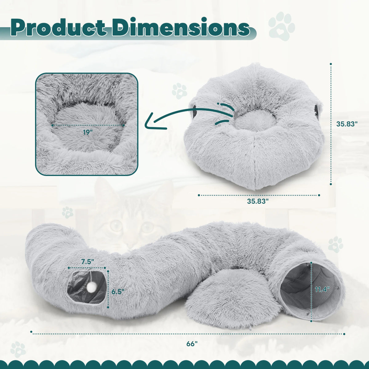 JHK Soft Plush Cat Tunnel Bed With Playground